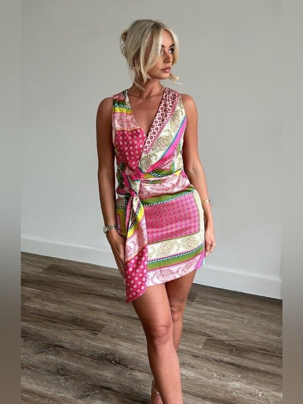 Zara Scarf Print Sleeveless Pink Patterned Wrap Satin-Feel Mini Dress